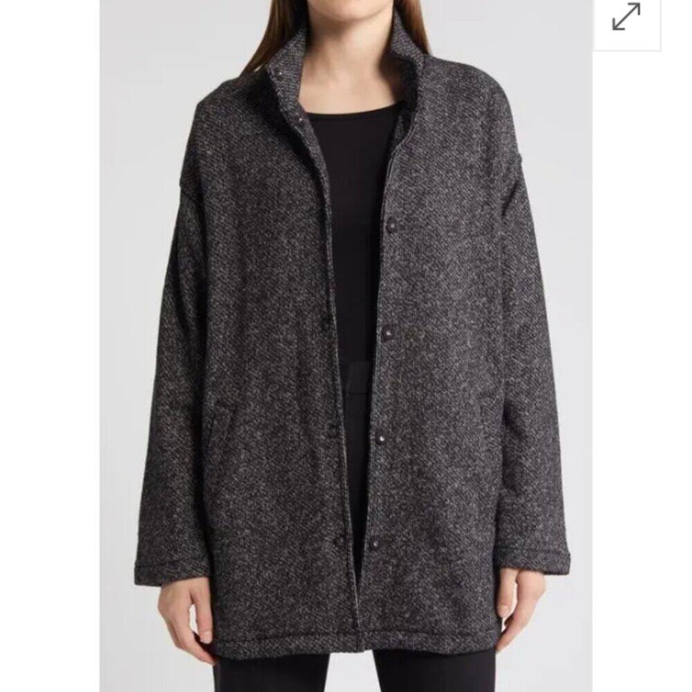 Eileen Fisher Womens Size L Charcoal Knit Organic Cotton Snap Front Coat Jacket